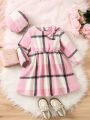 SHEIN Kids EVRYDAY Girls' Plaid Dress With Bow Decoration