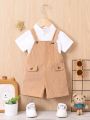 Baby Boy Solid Tee & Flap Detail Overall Romper