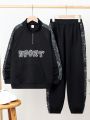 SHEIN Kids SPRTY Tween Boy Paisley & Letter Graphic Raglan Sleeve Half Zip Sweatshirt & Sweatpants