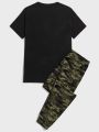 SHEIN Teen Boys' Casual And Sporty Camouflage Patchwork With Clown Face Print Round Neck Short Sleeve T-Shirt And Camouflage Skirt Print Skinny Pants Knitted Outfit, Summer