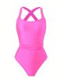 SHEIN Swim BAE Women's Rose Pink Elegant And Sexy One-piece Swimsuit