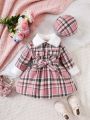 Baby Girl Plaid Print Borg Collar Belted Dress & Hat