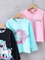 SHEIN Kids EVRYDAY Young Girl 3pcs/Set Cute Unicorn Long Sleeve T-Shirt With Round Neckline, Can Be Used As Inner Wear For Spring And Autumn