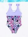 Young Girls' One Piece Swimsuit With Heart Print And Bow Decoration