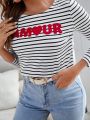 SHEIN Frenchy Women's Plus Size Striped T-shirt With Letter Print