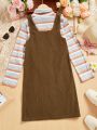 SHEIN Kids CHARMNG Tween Girls' Striped T-Shirt And Overall Dress Set