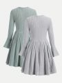 SHEIN Kids EVRYDAY Girls' Ribbed Knit Solid Color Bell-sleeve Dress 2pcs/set