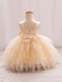 Infant/toddler Girls' Champagne Tulle Dress With Bowknot, Party Dress