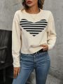 Heart Striped Drop Shoulder Casual Sweater Pullover