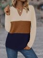 Color Block Long Sleeve Tee With Notched Neck