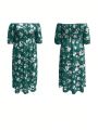 Women's Plus Size Floral Printed Off Shoulder Slit Dress