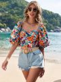 SHEIN VCAY Women's Vacation Floral Print Puff Sleeve Shirt