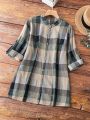 Plus Size Women's Plaid Roll-up Sleeve Shirt