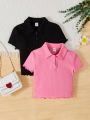 SHEIN Kids EVRYDAY Tween Girls' Knitted Solid Color Slim Fit Casual Polo T-Shirt 2pcs Set