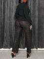 SHEIN Slayr Lapel One Button Blazer Jacket & Rhinestone Net Yarn Long Pants Set