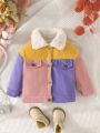 Baby Girl Colorblock Borg Collar Flap Detail Thermal Lined Corduroy Coat