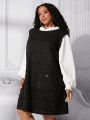 SHEIN CURVE+ Plus Size Woolen Two-in-one Dress With Lotus Leaf Hem And Lantern Sleeve