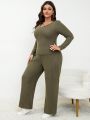 SHEIN Frenchy Women's Plus Size Solid Color Knit Ribbed Casual Two-piece Set