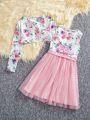SHEIN Kids FANZEY Tween Girls' Flower Pattern Round Neck Short Jacket And Flower Pattern Mesh Skater Dress Set, 2pcs