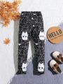 SHEIN Kids QTFun Little Girls' Cartoon Cat Printed Long Pants