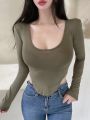 DAZY Ladies' Solid Color Round Neck Long Sleeve T-shirt