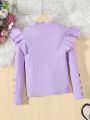 SHEIN Tween Girl Ruffle Trim Mock Neck Button Detail Ribbed Knit Tee