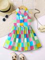 SHEIN Kids SUNSHNE Little Girls' Colorful Grid Pattern Printed Sleeveless Dress