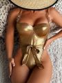 Women's One Piece Swimsuit With Gold Color Metal Accessory (Push Up)