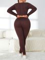 Yoga Basic Plus Size Solid Color Long-Sleeved Top And Trousers Sports Suit