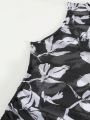 SHEIN Swim BAE Women'S Botanical Print Mesh High Slit Cover Up Dress