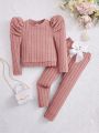 SHEIN Kids HYPEME Young Girls' Personality Cool Round Neck Solid Color Long Sleeve Top And Bowknot Leggings Set