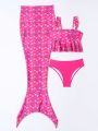 3pcs/Set Teen Girls' Lovely Mermaid Scale Print Ruffle Edge Bikini With Halter Neck For Beach Party