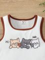 SHEIN Kids EVRYDAY Girls' (Big Kids) Letter & Cat Print Irregular Hem Tank Top