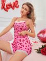 Women'S Heart Print Camisole Tank Top And Shorts Pajama Set