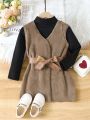 SHEIN Kids CHARMNG Young Girl Solid Tee & Belted Vest Coat