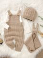 Baby Girl Solid Sweater Jumpsuit & Hat & Bib Without Tee