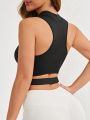 Zipper Front Criss-Cross Cut Out Detail Sports Vest