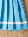 SHEIN Kids EVRYDAY Girls' Color Block Letter Printed Vest And Pleated Skirt Set