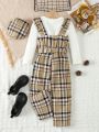 Toddler Girls' 2pcs Fashionable Leisure White Top And Long Sleeve Grid Overall