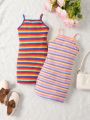 SHEIN Kids EVRYDAY Toddler Girls' Two Piece Knitted Stripe Spaghetti Strap Dress Outfit