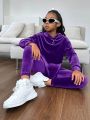 SHEIN Kids Cooltwn Teenage Girls' Fashion Party Solid Color Velvet Hooded Long Sleeve Outfit