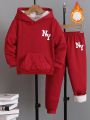 SHEIN 2pcs Boys' Hooded Fleece Sweatshirt And Jogger Pants Outfits, Autumn And Winter