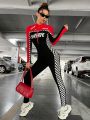 SHEIN PETITE Women's Checker Pattern & Color Block Letter Print Skinny Jumpsuit With Moto Biker Style