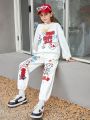 SHEIN Kids EVRYDAY 2pcs/set Teen Girls' Knitted Loose Fit Hoodie With Graffiti Letter Printing And Wide Leg Jogger Pants