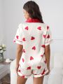 Notched Collar Contrast Binding Heart Print Satin PJ Set