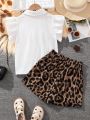 SHEIN Kids FANZEY Girls' Solid Color Flare Sleeve Blouse With Leopard Print Curled Shorts Two Piece Set