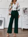 SHEIN Lady Women's Floral Printed Long Sleeve Shirt And Belted Flared Pants Set