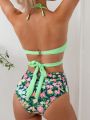 SHEIN Swim Mod Flower Patterned Halterneck Swimsuit With Circular Ring - Bikini Set