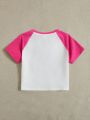 SHEIN Kids QTFun Knitted Short Sleeve T-Shirt For Tween Girls With Teddy Bear Applique And Color Block Design