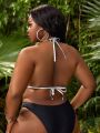 SHEIN Swim SXY Plus Metallic Tie Backless Halter Triangle Bikini Top